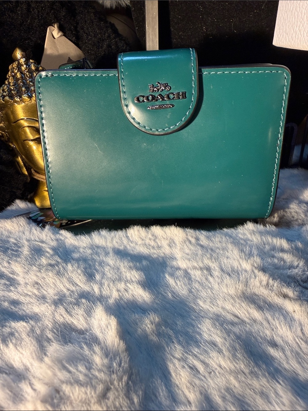 COACH Teal Corner Zip Compact Leather Snap Wallet